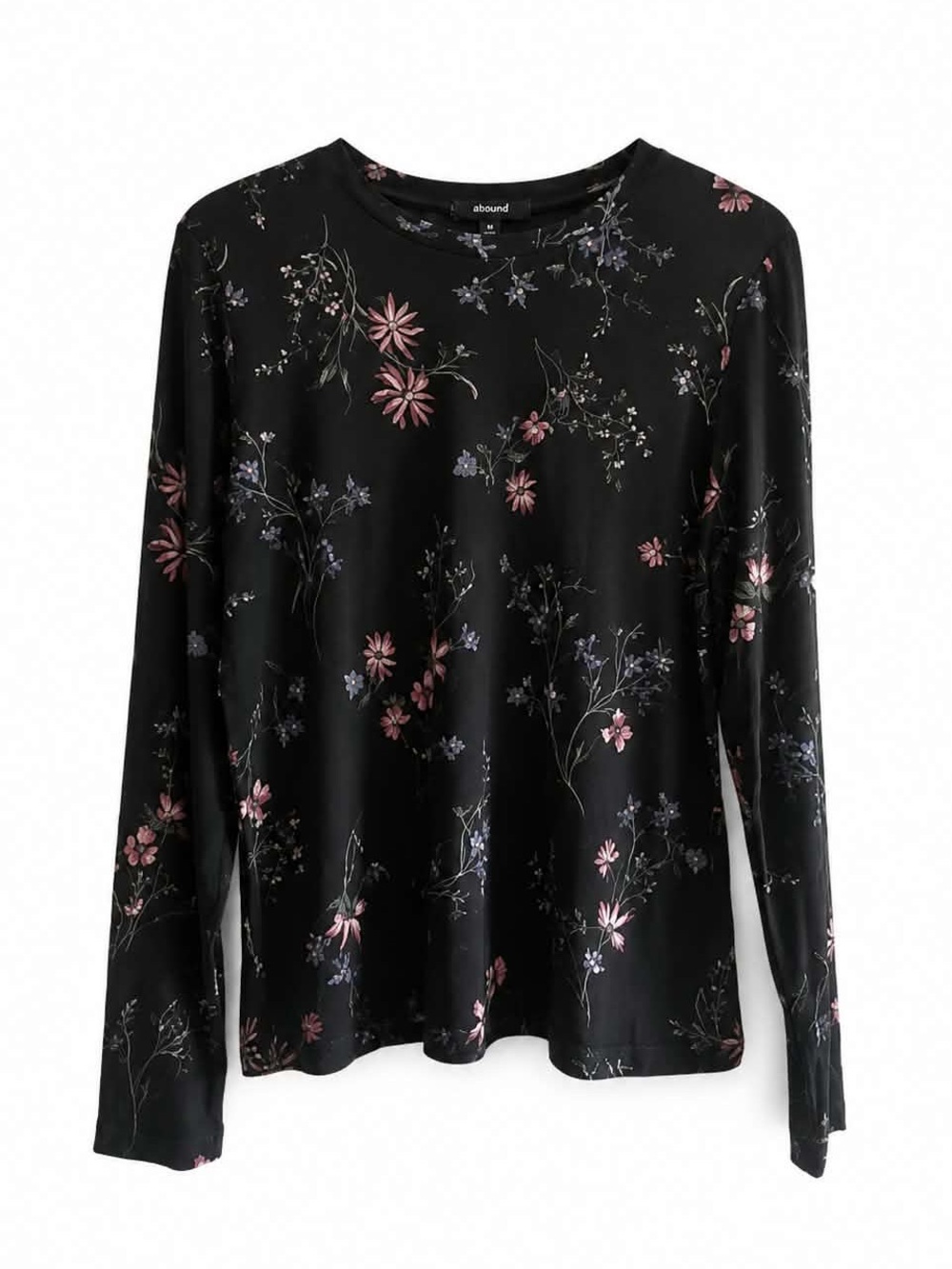 Reitmans Black Long-Sleeve Floral Top w Pink & Purple Blooms – Size Medium NWT